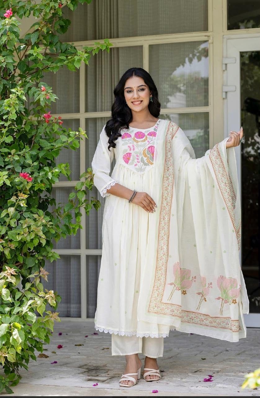 Label Tanuja-Cotton Designer Embroidered Anarkali Three Piece Set