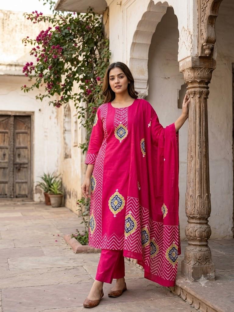 Label Tanuja-Pure fine Cotton fabric Sequence Work Kurti with Pant with cotton 100-100 Dupatta
