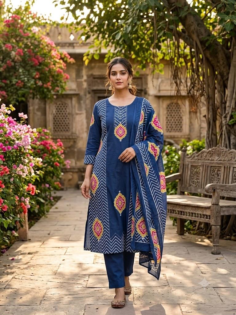 Label Tanuja-Pure fine Cotton fabric Sequence Work Kurti with Pant with cotton 100-100 Dupatta