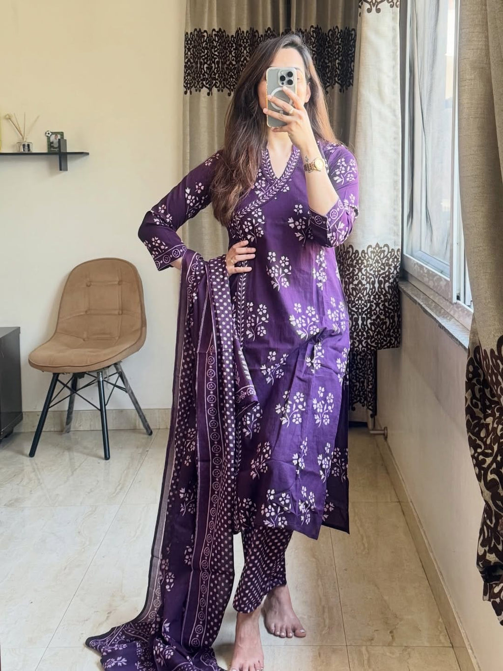 Label Tanuja-Pure fine Cotton fabric Khata Work Kurti with Pant with cotton 100-100 Dupatta