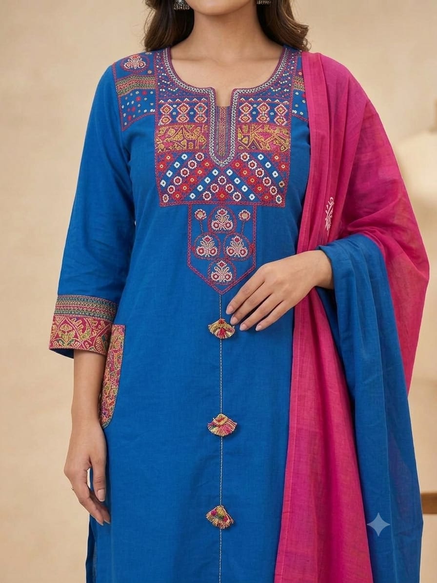 Label Tanuja-Heavy Suit Set which is beautifully decorated with weaving and  embroidery with matching pants and  dupatta