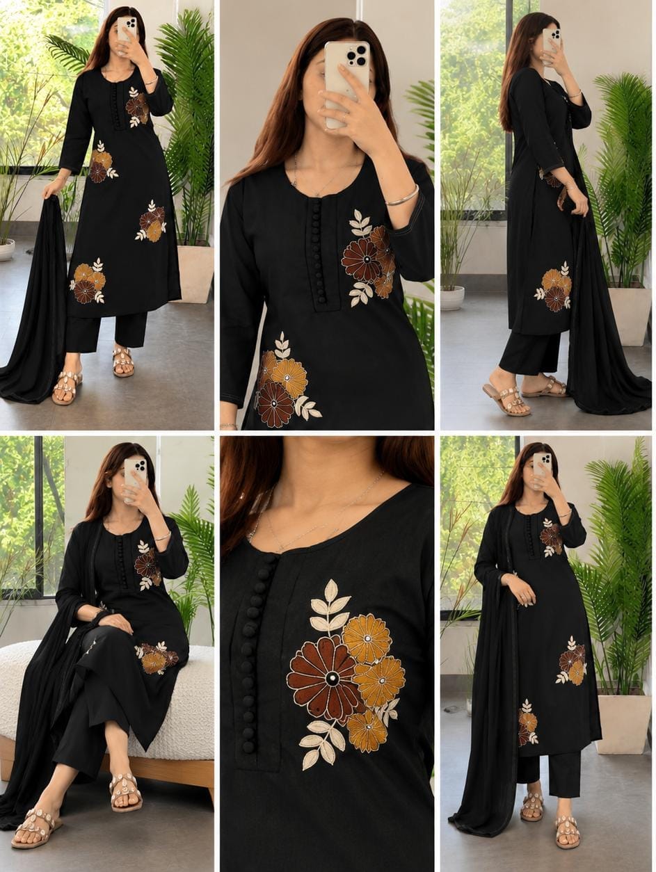 Label Tanuja-Pure cotton With embroidery Kurti with pant and mulmul dupatta