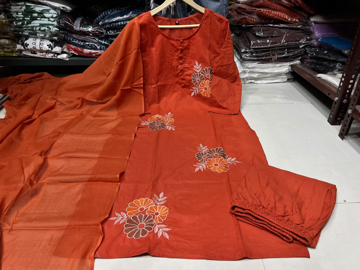 Label Tanuja-Pure cotton With embroidery Kurti with pant and mulmul dupatta