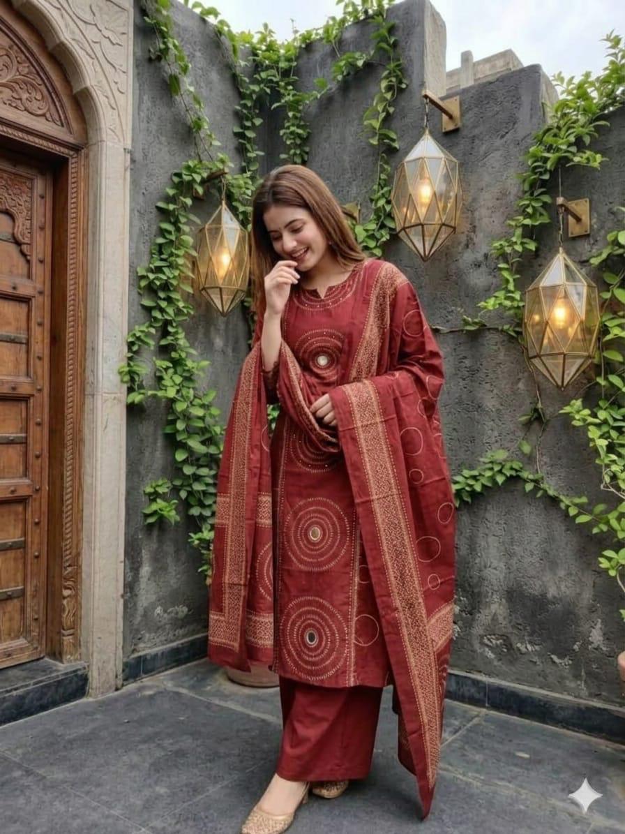 Label Tanuja-Beautiful A-line Discharge Print Kurti with Original Mirror Work