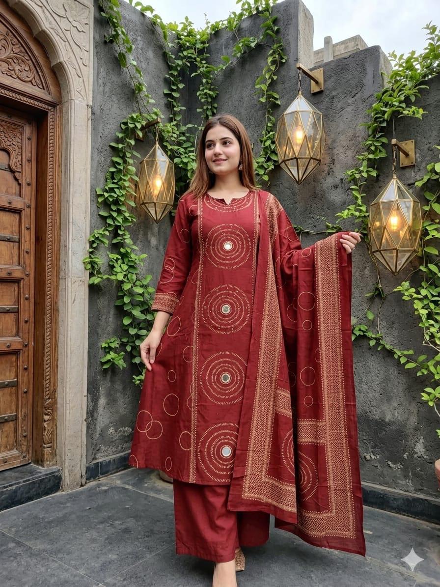 Label Tanuja-Beautiful A-line Discharge Print Kurti with Original Mirror Work
