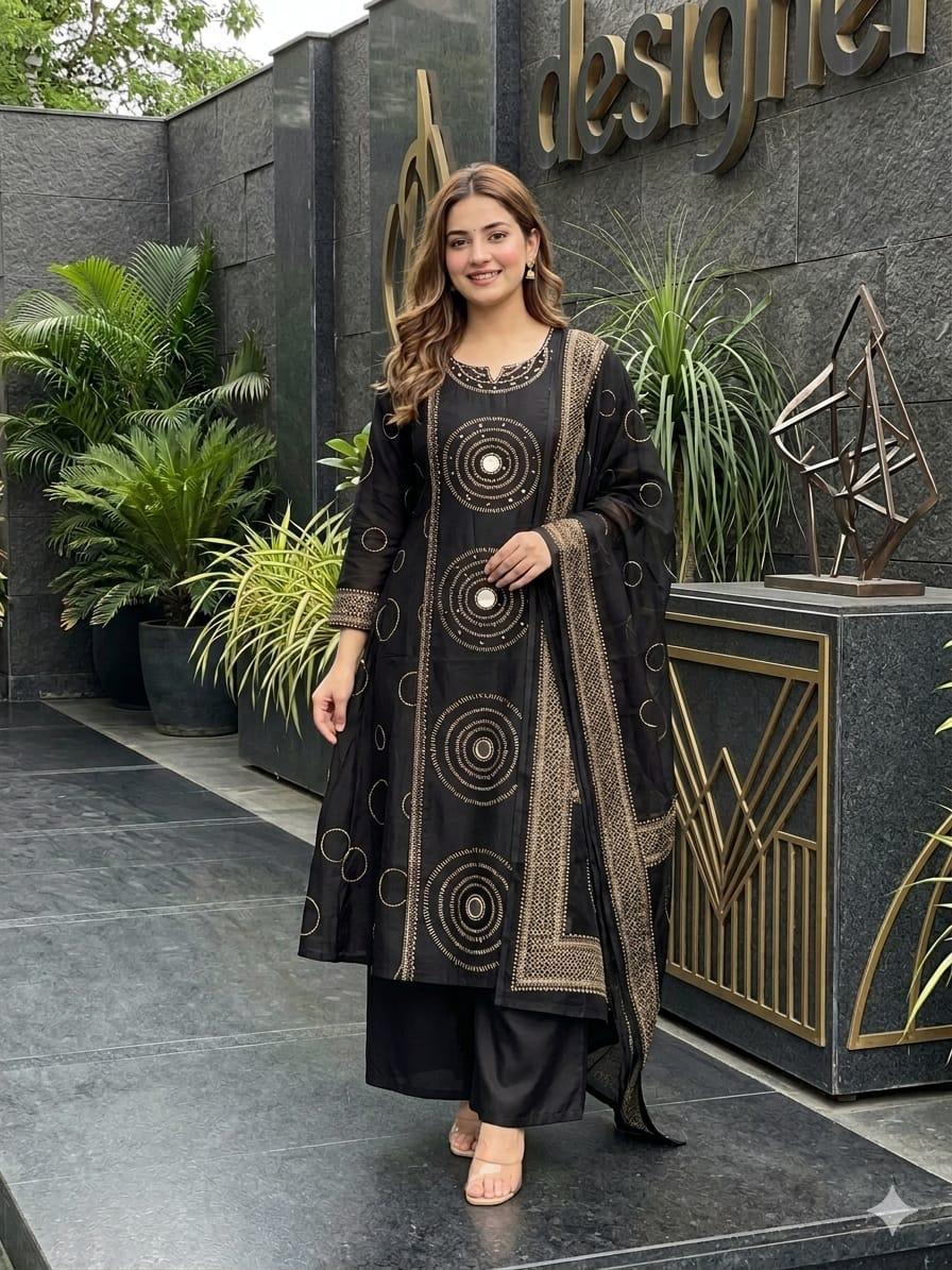 Label Tanuja-Beautiful A-line Discharge Print Kurti with Original Mirror Work