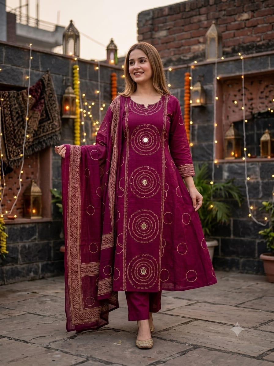 Label Tanuja-Beautiful A-line Discharge Print Kurti with Original Mirror Work