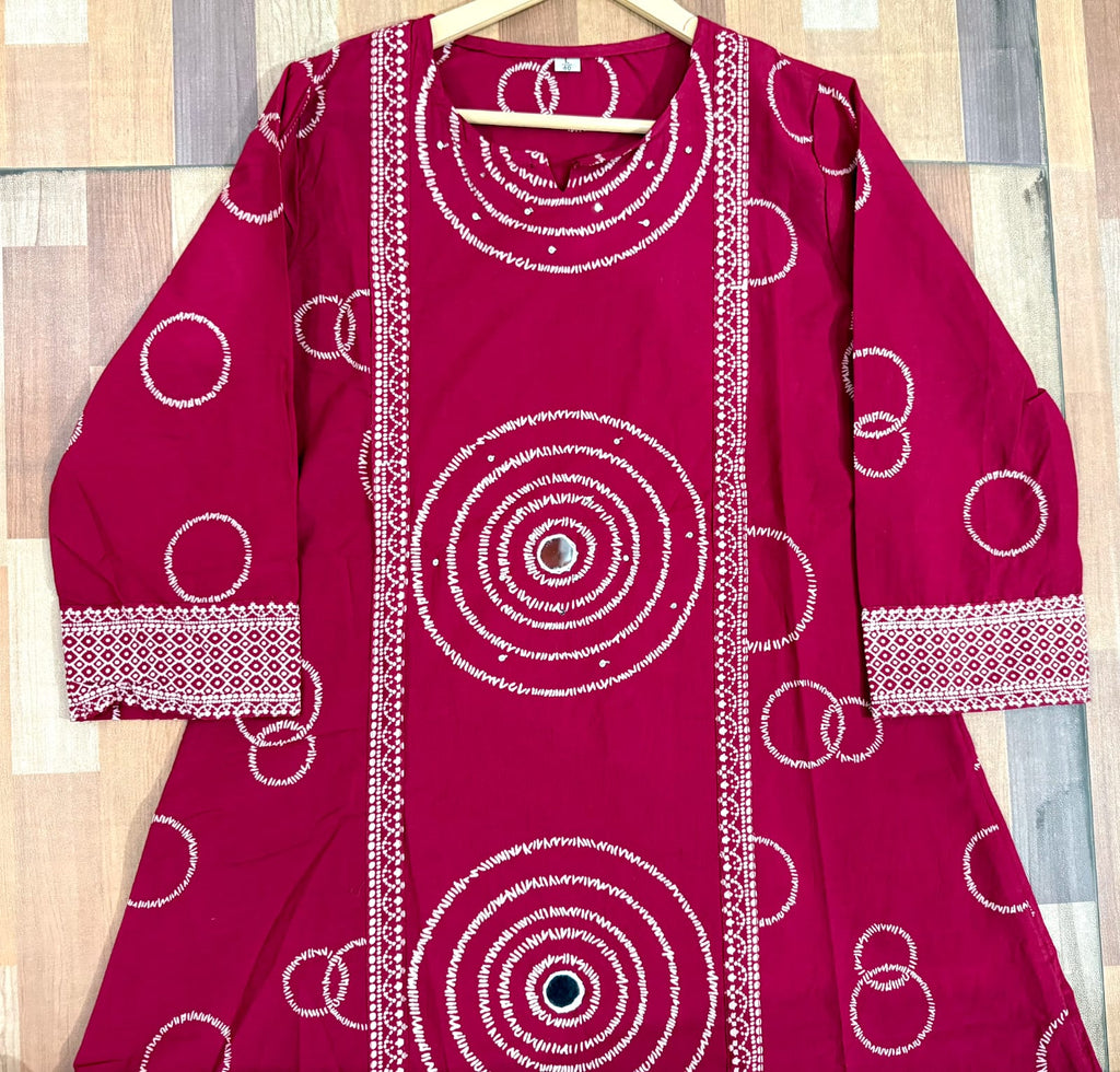 Label Tanuja-Beautiful A-line Discharge Print Kurti with Original Mirror Work
