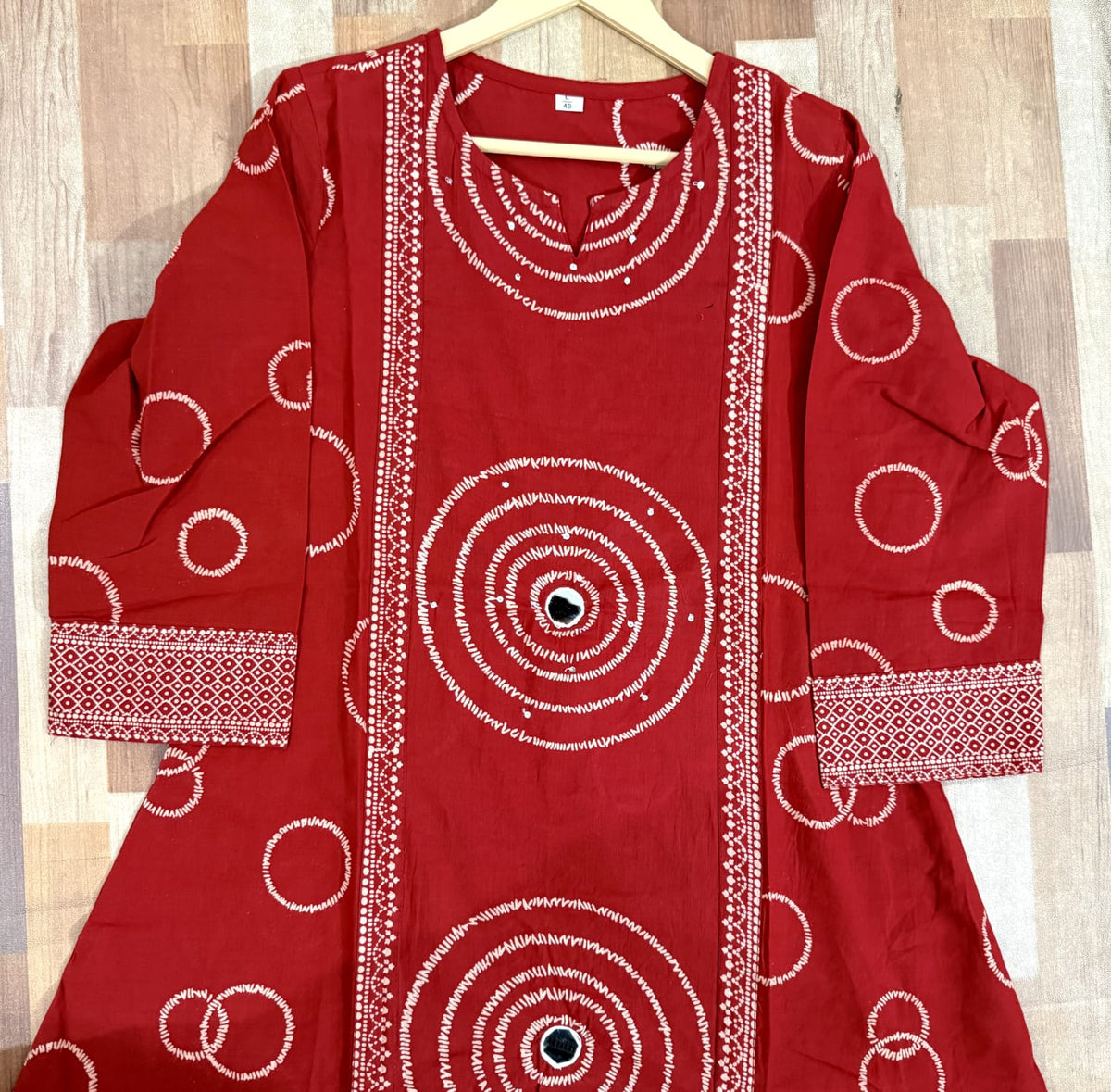 Label Tanuja-Beautiful A-line Discharge Print Kurti with Original Mirror Work