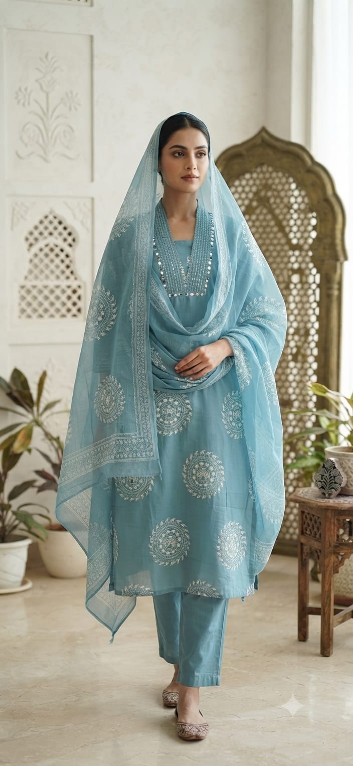 Label Tanuja-Discharge print kurti pant dupatta sets