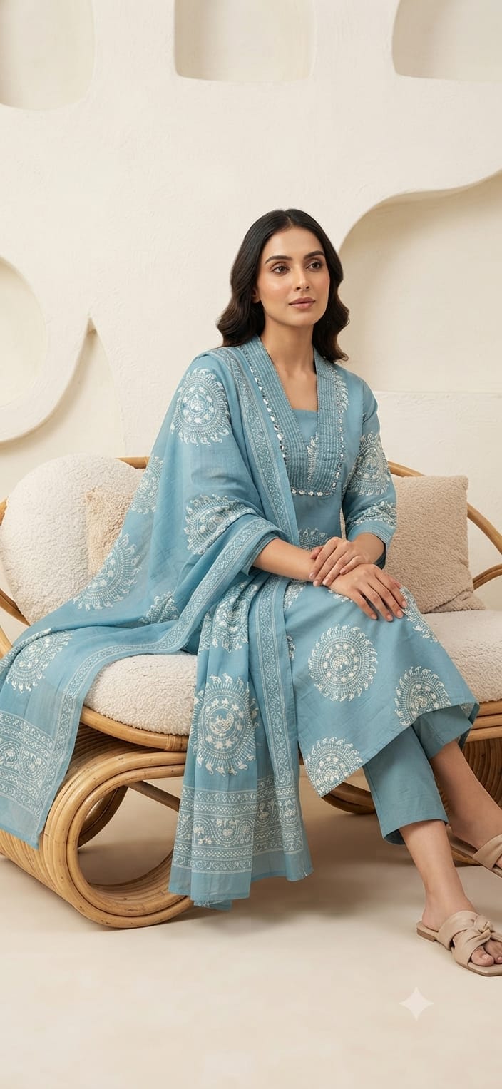 Label Tanuja-Discharge print kurti pant dupatta sets
