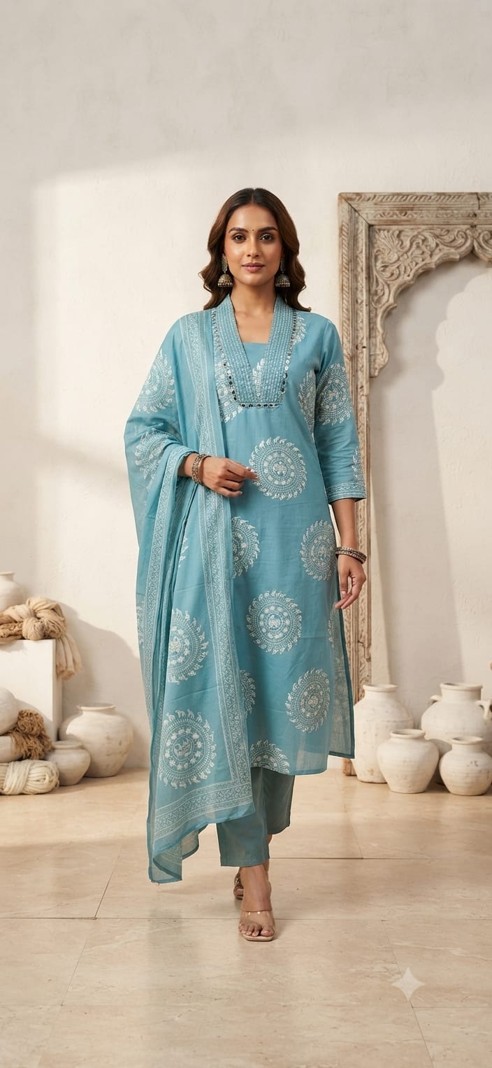 Label Tanuja-Discharge print kurti pant dupatta sets