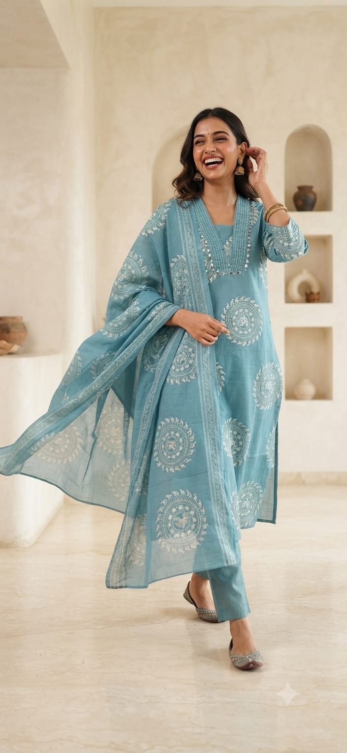 Label Tanuja-Discharge print kurti pant dupatta sets