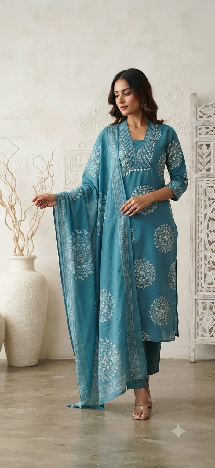Label Tanuja-Discharge print kurti pant dupatta sets