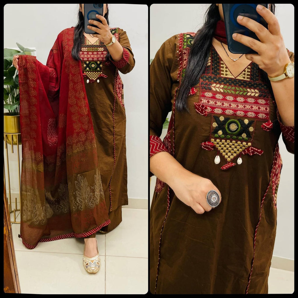 Label tanuja-Pure fine Cotton fabric Embroidery Work Kurti with Pant with cotton 100-100 Dupatta