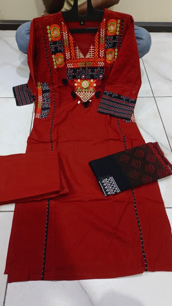 Label tanuja-Pure fine Cotton fabric Embroidery Work Kurti with Pant with cotton 100-100 Dupatta