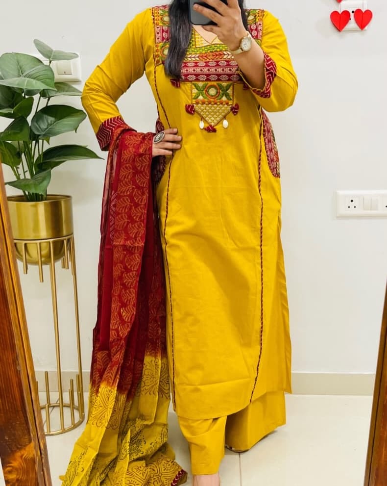 Label tanuja-Pure fine Cotton fabric Embroidery Work Kurti with Pant with cotton 100-100 Dupatta