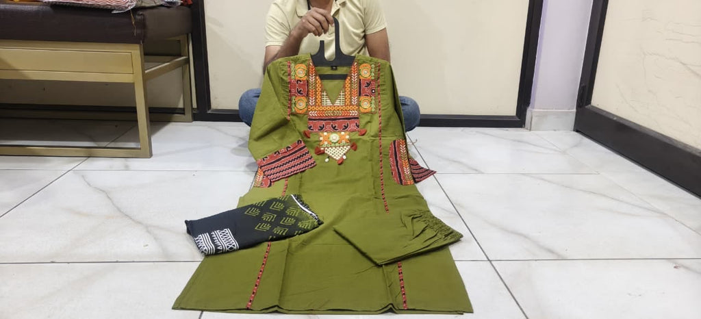 Label tanuja-Pure fine Cotton fabric Embroidery Work Kurti with Pant with cotton 100-100 Dupatta