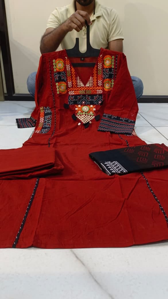 Label tanuja-Pure fine Cotton fabric Embroidery Work Kurti with Pant with cotton 100-100 Dupatta