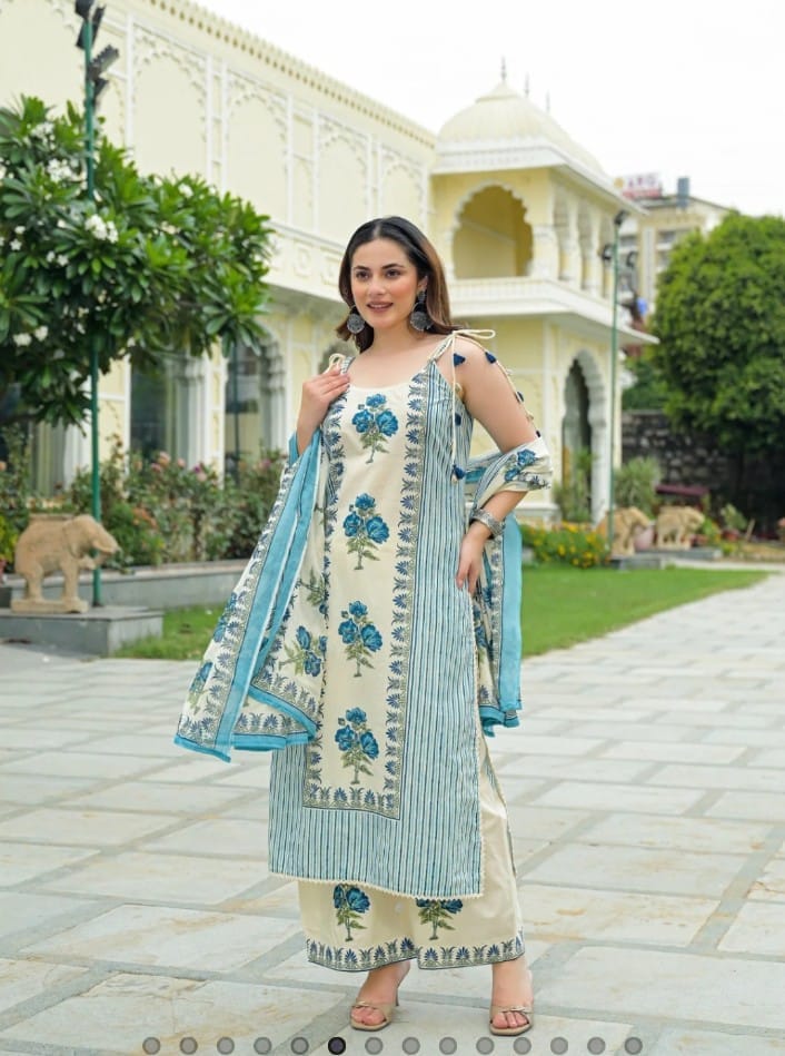 label Tanuja-Sleeveless Printed Cotton Full Suit Set With Dupatta-set