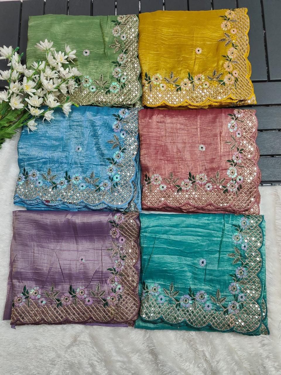Label Tanuja-NEW TRENDING GLOD CRUSH FABRIC ON HEAVY EMBRODERY WORK SAREE