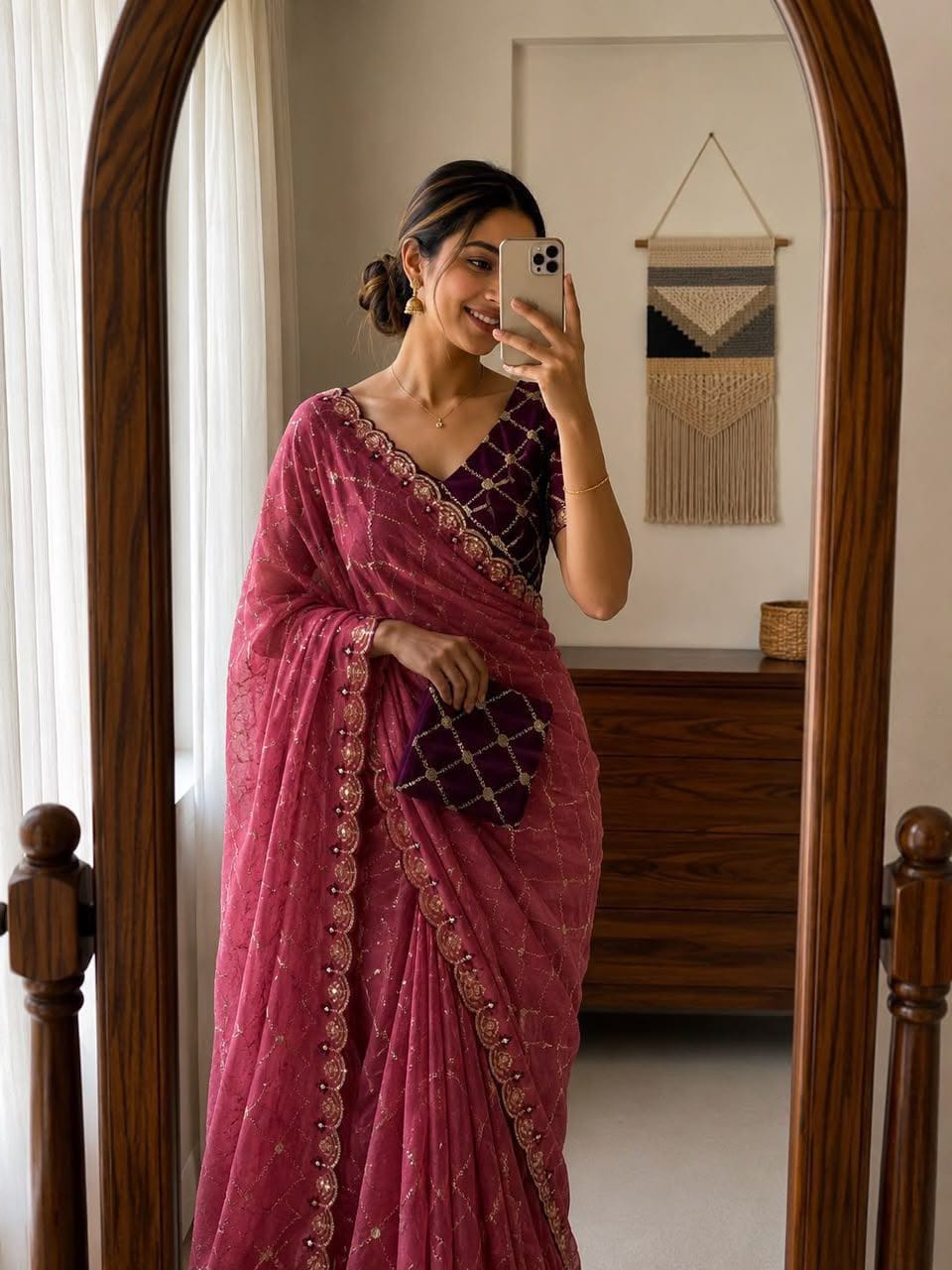 Label Tanuja-Star Georgette saree Multi Emrodairy Work With Running Blouse