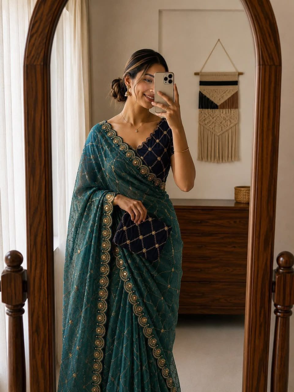 Label Tanuja-Star Georgette saree Multi Emrodairy Work With Running Blouse