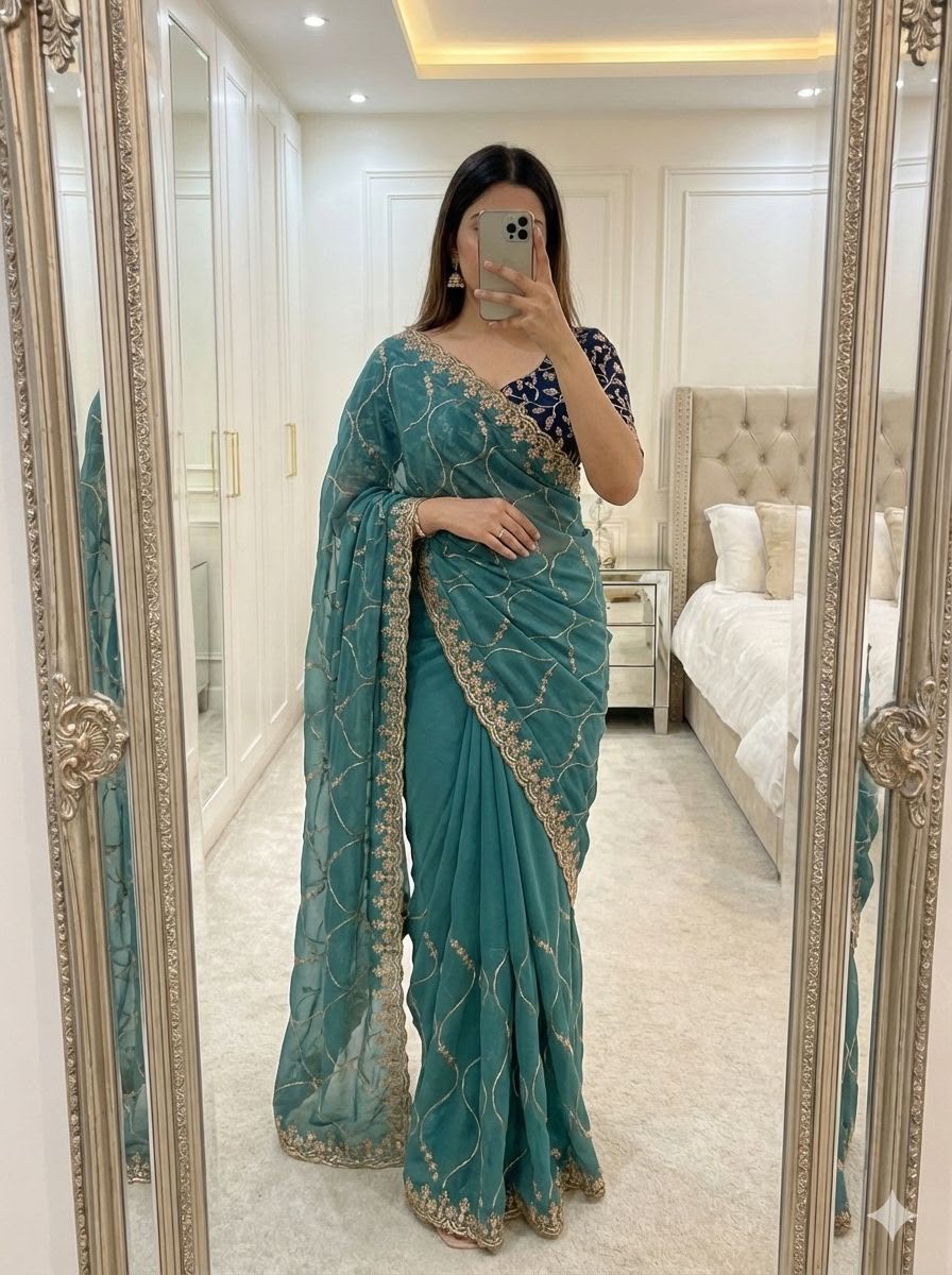 Label Tanuja-Star Georgette Emrodairy Work Saree With Contrast Blouse