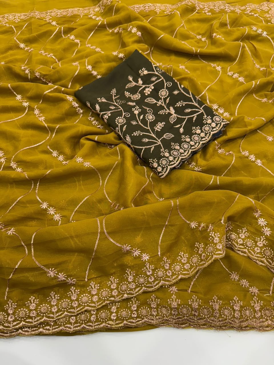 Label Tanuja-Star Georgette Emrodairy Work Saree With Contrast Blouse