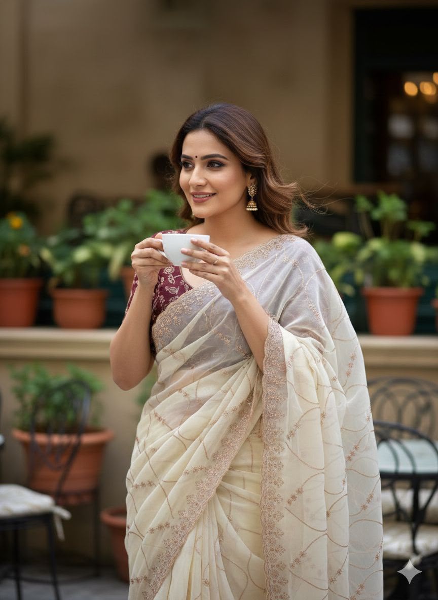 Label Tanuja-Star Georgette Emrodairy Work Saree With Contrast Blouse