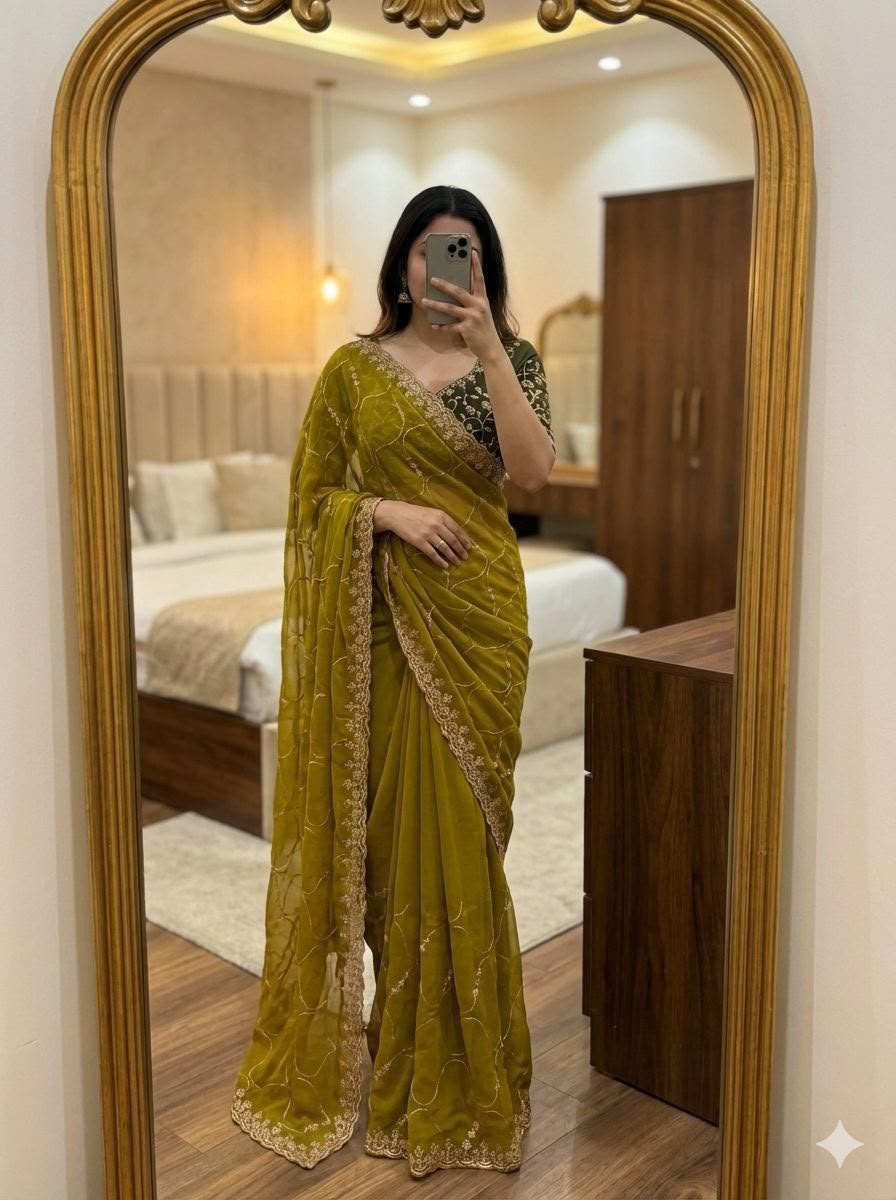 Label Tanuja-Star Georgette Emrodairy Work Saree With Contrast Blouse