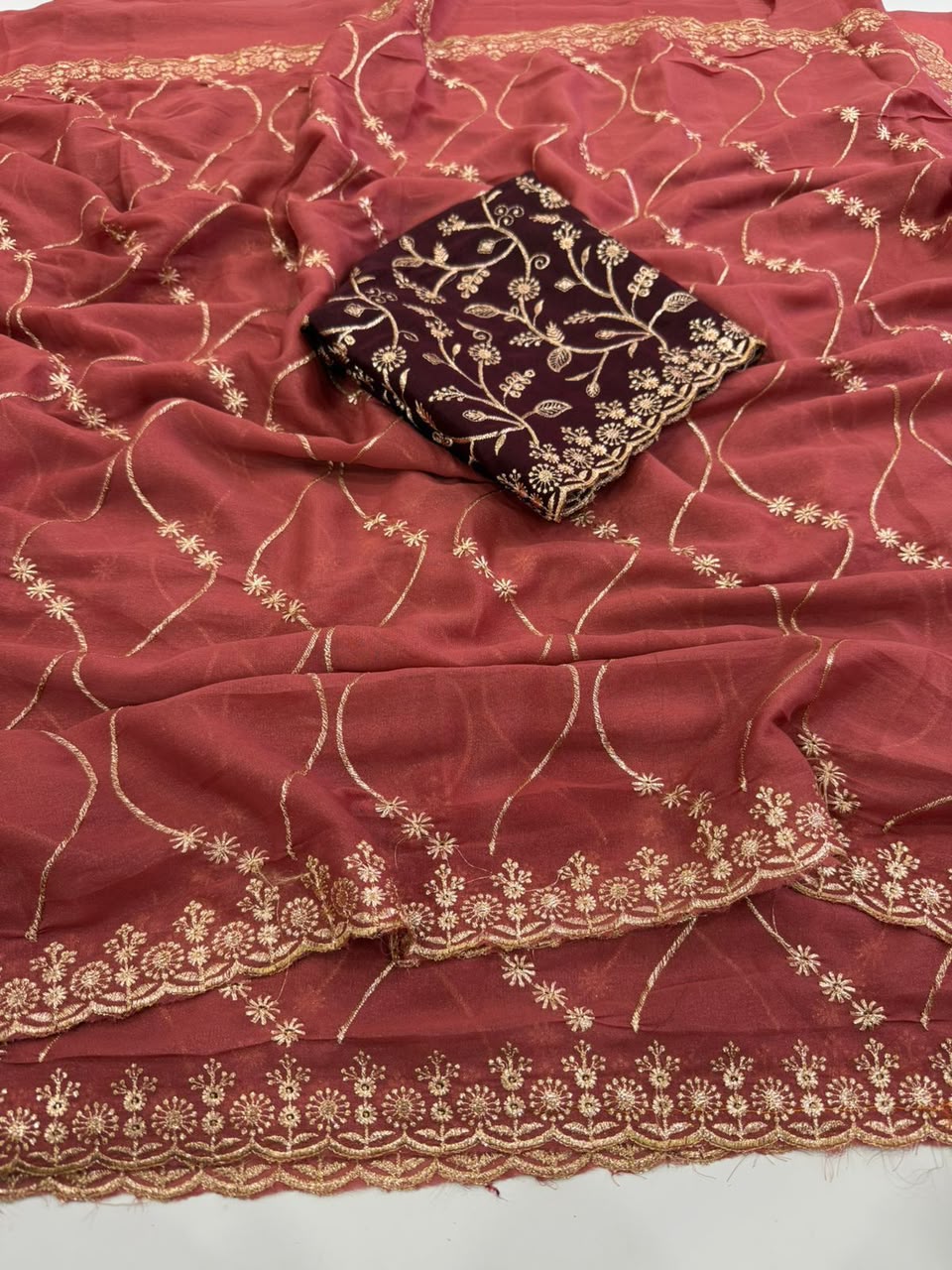 Label Tanuja-Star Georgette Emrodairy Work Saree With Contrast Blouse