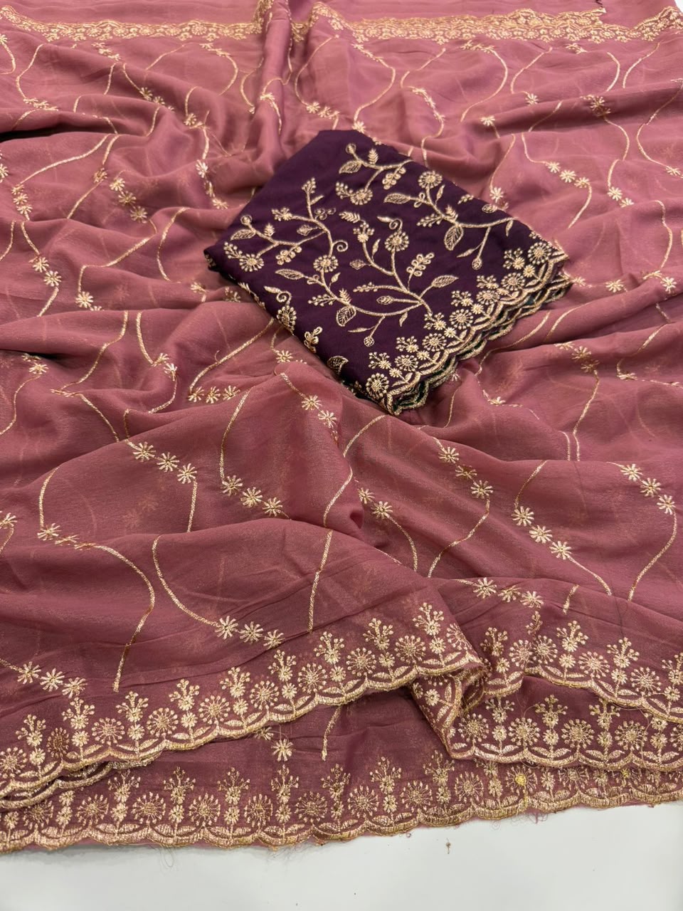 Label Tanuja-Star Georgette Emrodairy Work Saree With Contrast Blouse