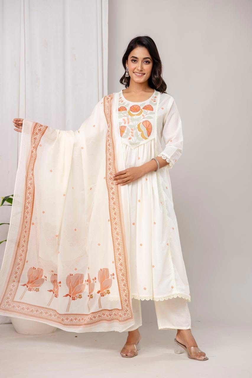 Label Tanuja-Cotton Designer Embroidered Anarkali Three Piece Set
