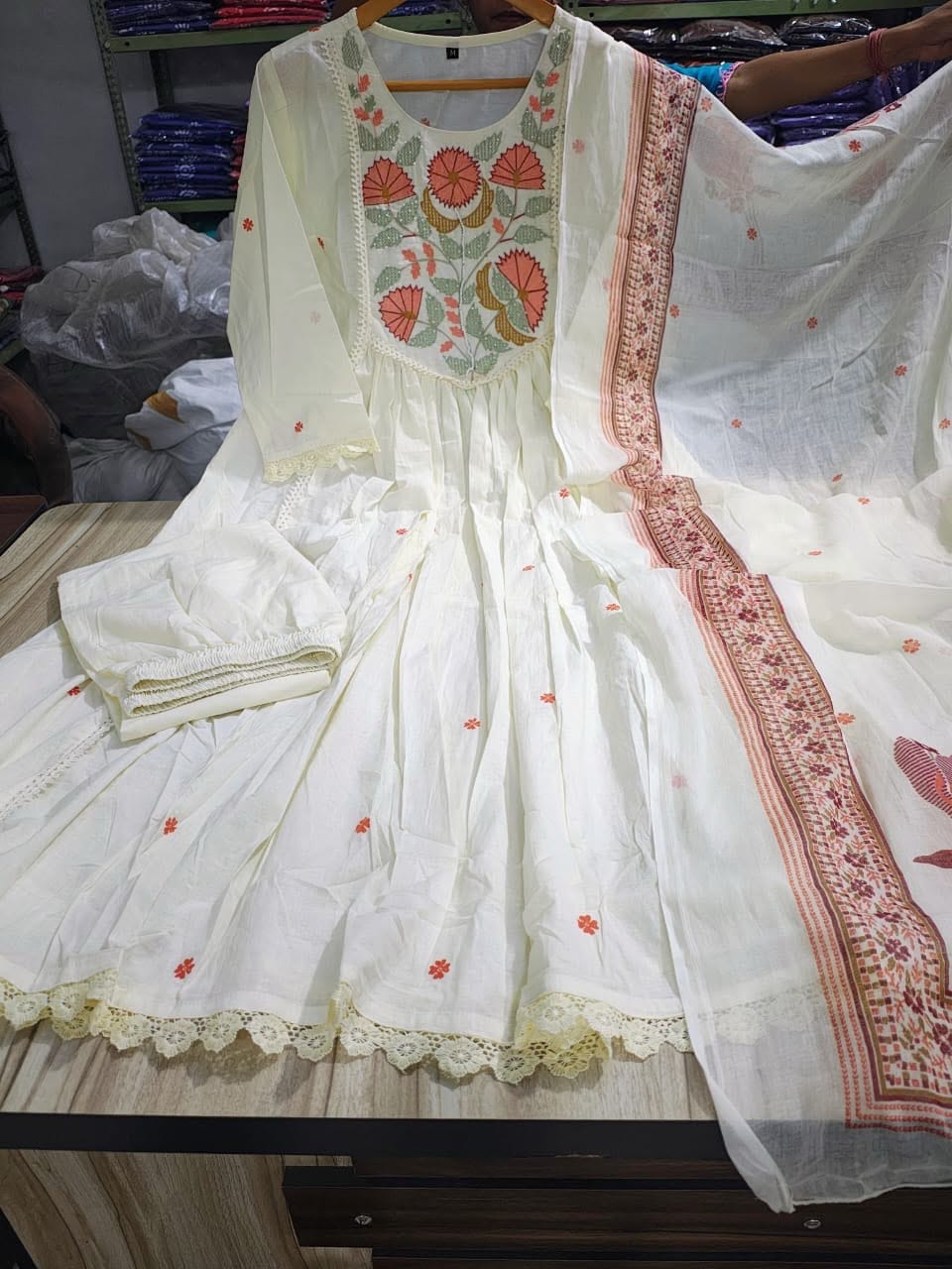 Label Tanuja-Cotton Designer Embroidered Anarkali Three Piece Set
