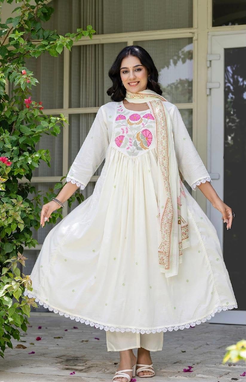 Label Tanuja-Cotton Designer Embroidered Anarkali Three Piece Set