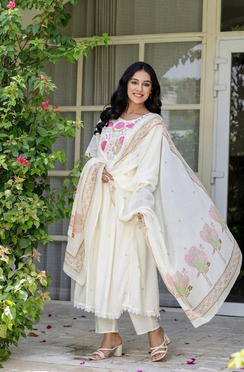 Label Tanuja-Cotton Designer Embroidered Anarkali Three Piece Set