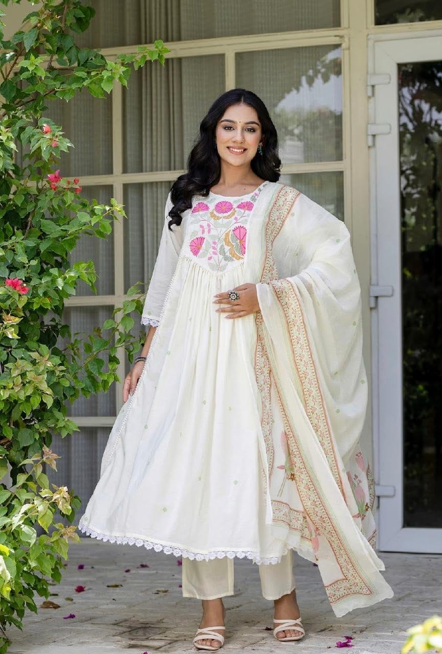 Label Tanuja-Cotton Designer Embroidered Anarkali Three Piece Set