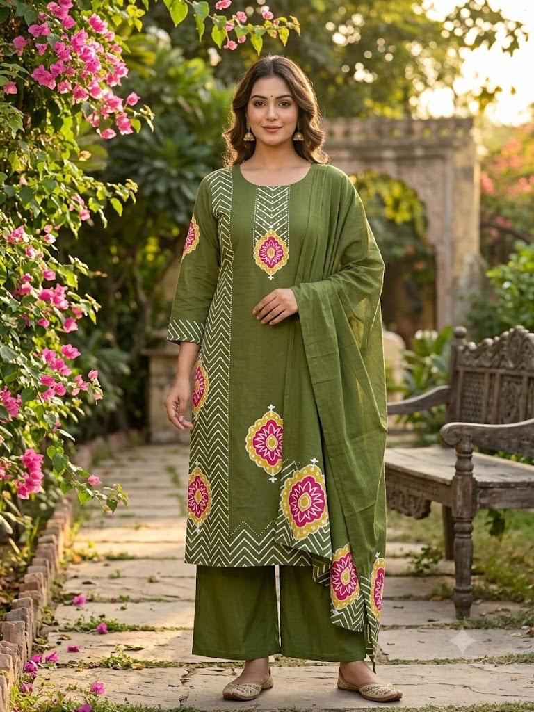 Label Tanuja-Pure fine Cotton fabric Sequence Work Kurti with Pant with cotton 100-100 Dupatta