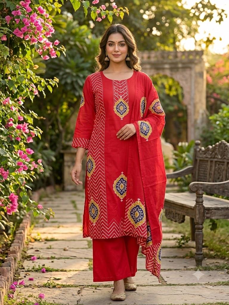 Label Tanuja-Pure fine Cotton fabric Sequence Work Kurti with Pant with cotton 100-100 Dupatta