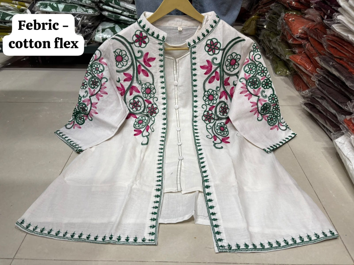 Label Tanuja- jacket style top ,inner and straight trousers, crafted in cotton flex fabric.