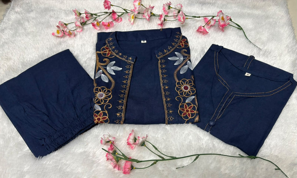 Label Tanuja- jacket style top ,inner and straight trousers, crafted in cotton flex fabric.