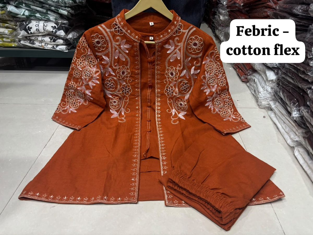 Label Tanuja- jacket style top ,inner and straight trousers, crafted in cotton flex fabric.