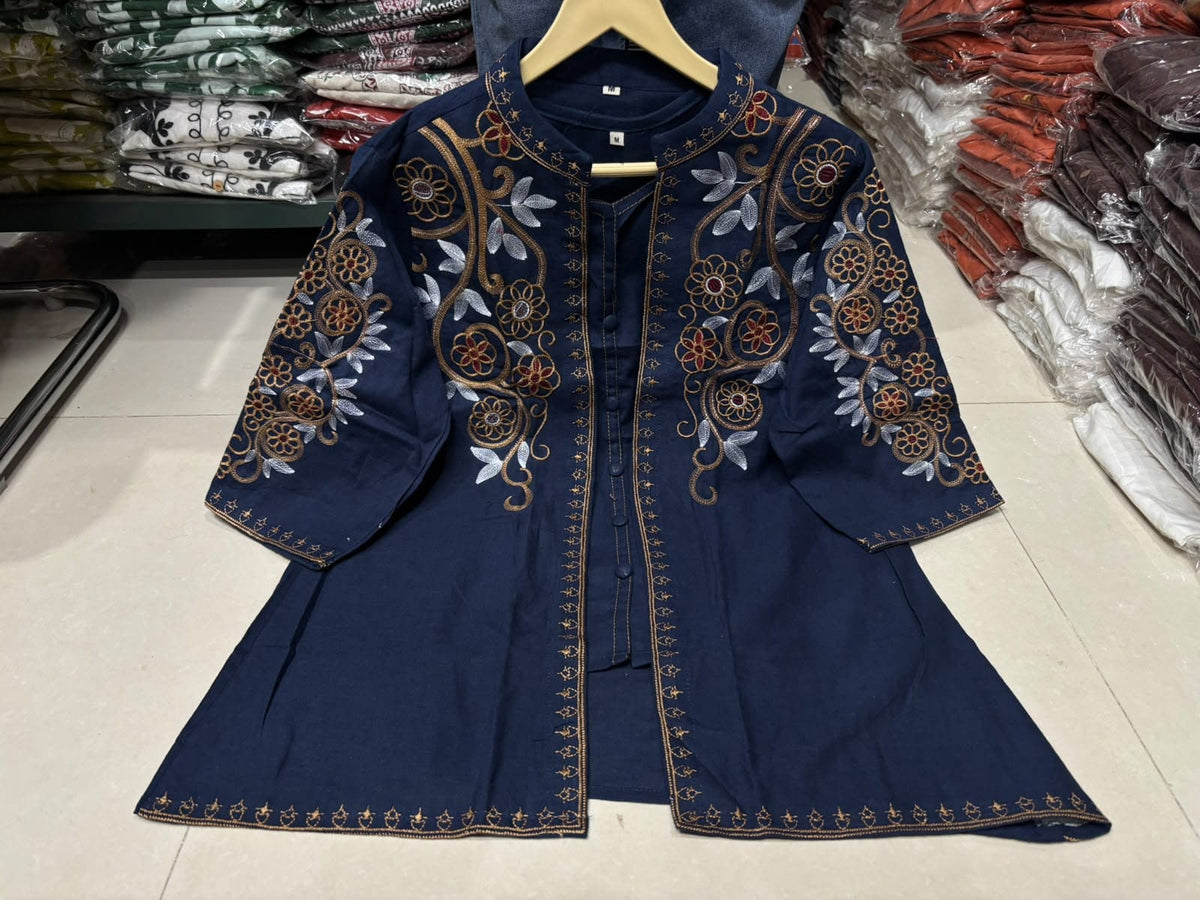 Label Tanuja- jacket style top ,inner and straight trousers, crafted in cotton flex fabric.