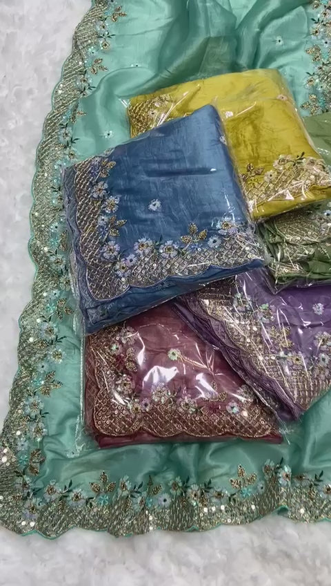 Label Tanuja-NEW TRENDING GLOD CRUSH FABRIC ON HEAVY EMBRODERY WORK SAREE